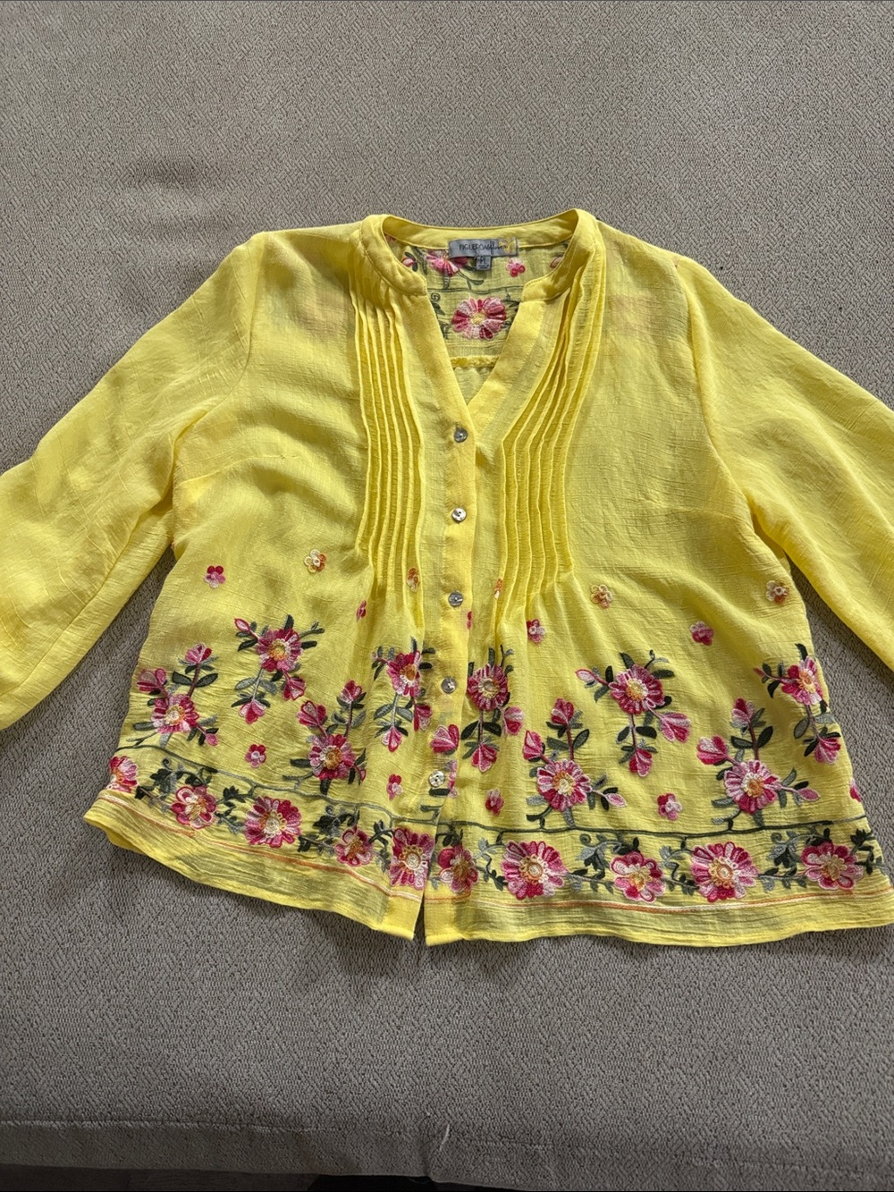Embroidered Floral Yellow Button-Front Women's Blouse